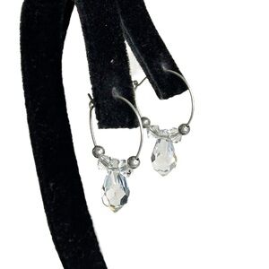 Vintage Sterling Silver 925 AB Faceted Crystal Beaded Hoop Earrings